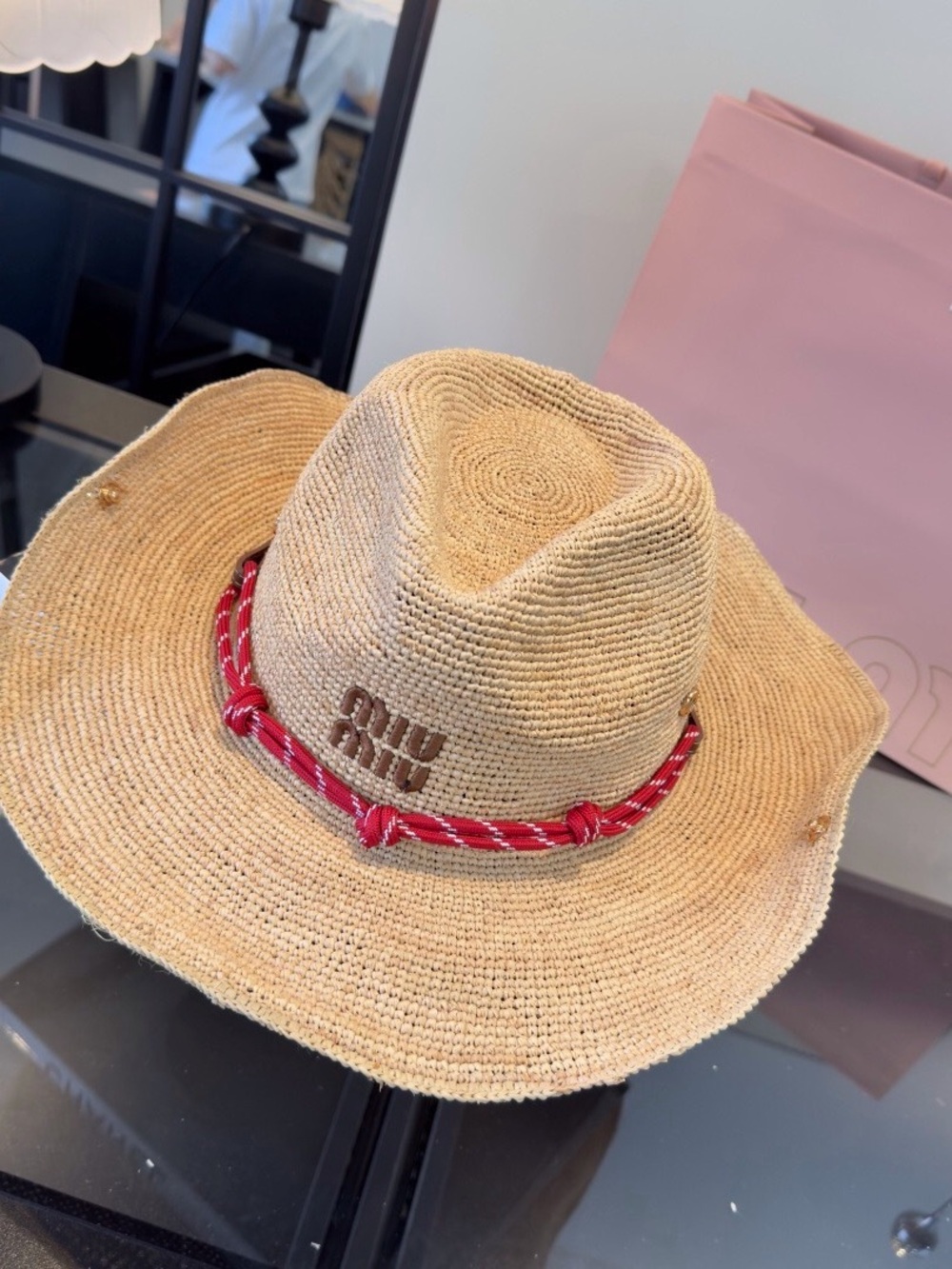 Miu Miu Natural Straw Hat with Red Rope Trim - Picture 5 of 6